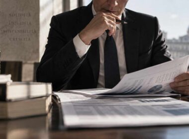 Professionista in abito analizza documenti finanziari e grafici su una scrivania in ufficio.