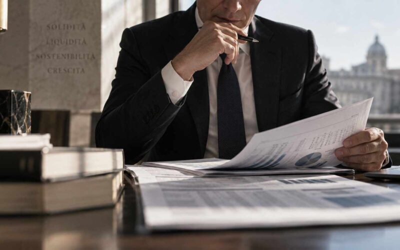 Professionista in abito analizza documenti finanziari e grafici su una scrivania in ufficio.