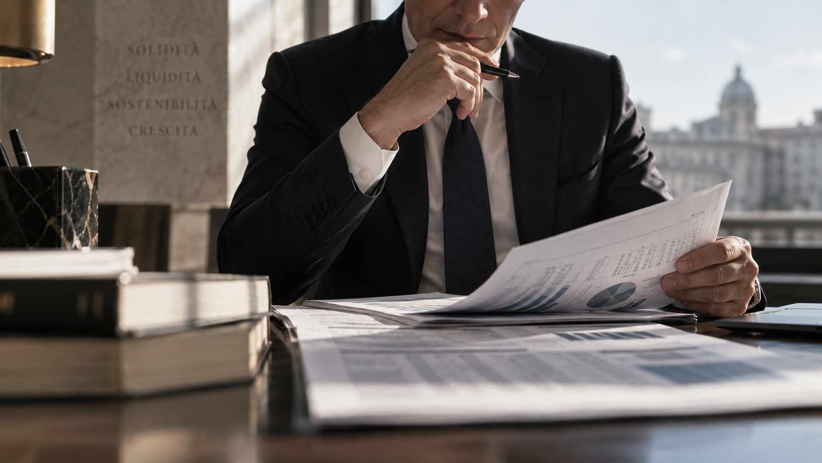 Professionista in abito analizza documenti finanziari e grafici su una scrivania in ufficio.