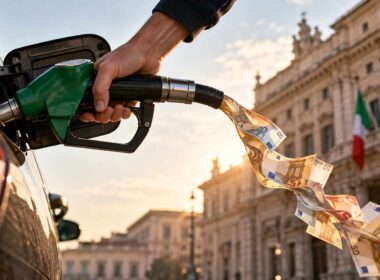 Pistola di carburante collegata a un’auto, con banconote in euro che fuoriescono dal tubo durante il rifornimento