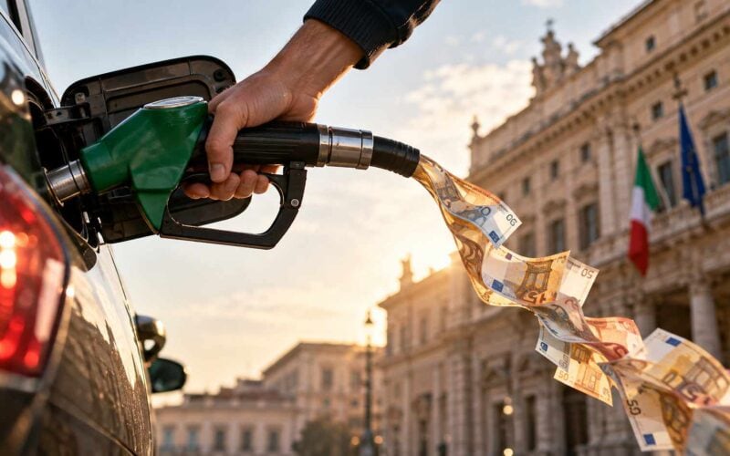 Pistola di carburante collegata a un’auto, con banconote in euro che fuoriescono dal tubo durante il rifornimento