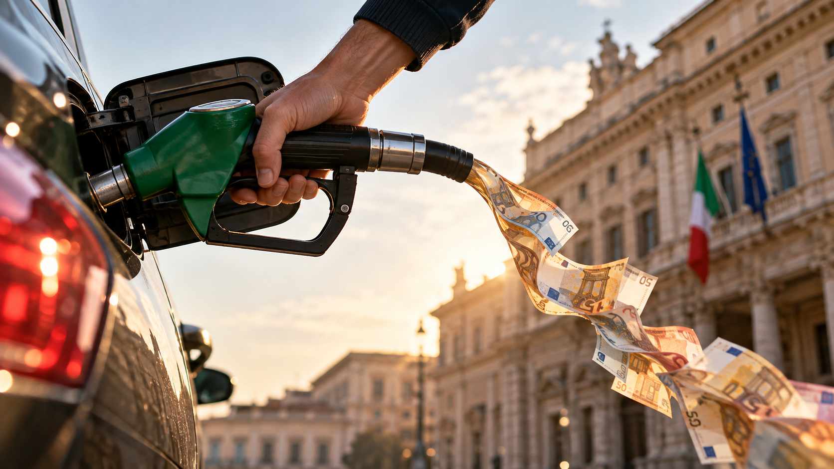 Pistola di carburante collegata a un’auto, con banconote in euro che fuoriescono dal tubo durante il rifornimento