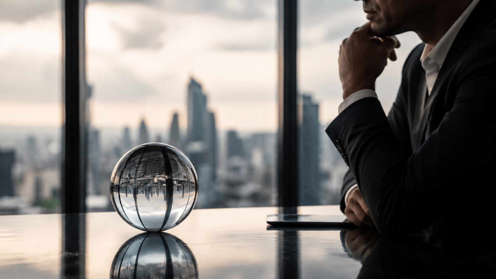 Sfera di vetro su un tavolo riflette una città capovolta accanto a un manager in abito scuro