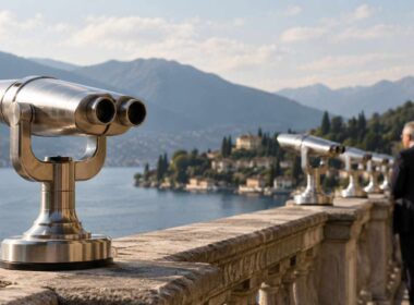 Cernobbio 2026: binocoli panoramici su una terrazza affacciata sul lago, con uomini in abito scuro sullo sfondo.