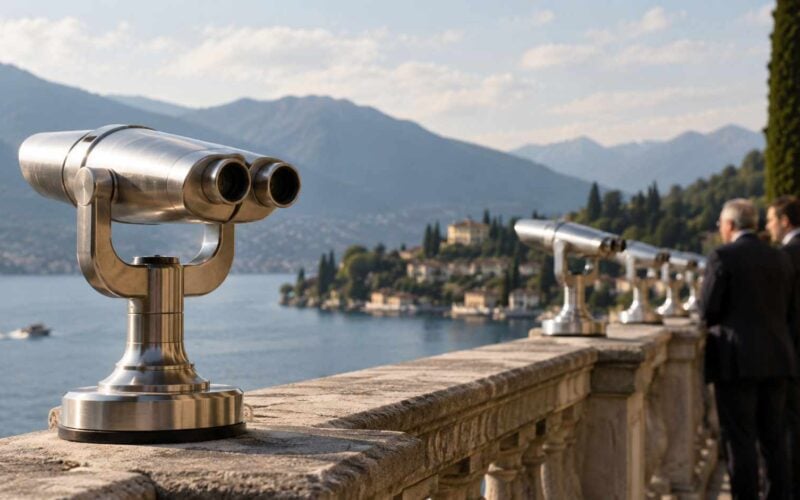 Cernobbio 2026: binocoli panoramici su una terrazza affacciata sul lago, con uomini in abito scuro sullo sfondo.