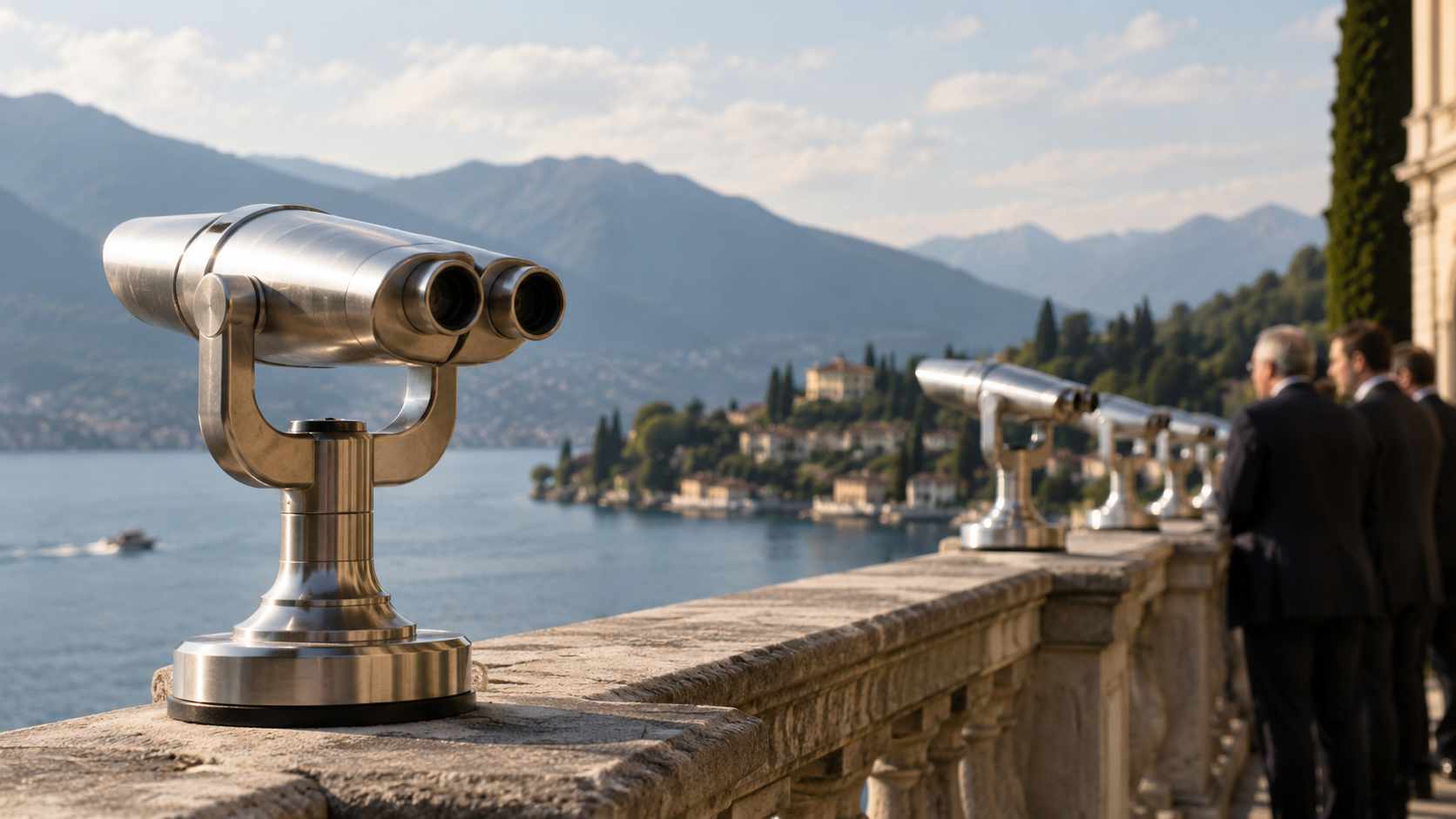 Cernobbio 2026: binocoli panoramici su una terrazza affacciata sul lago, con uomini in abito scuro sullo sfondo.