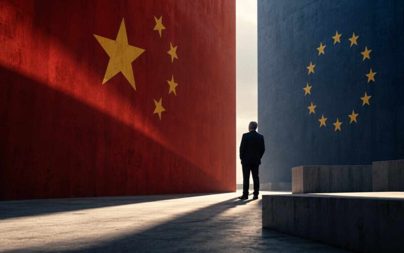 Uomo tra una parete rossa con stelle cinesi e una blu con stelle dell’UE, simbolo visivo della rivalità sistemica.