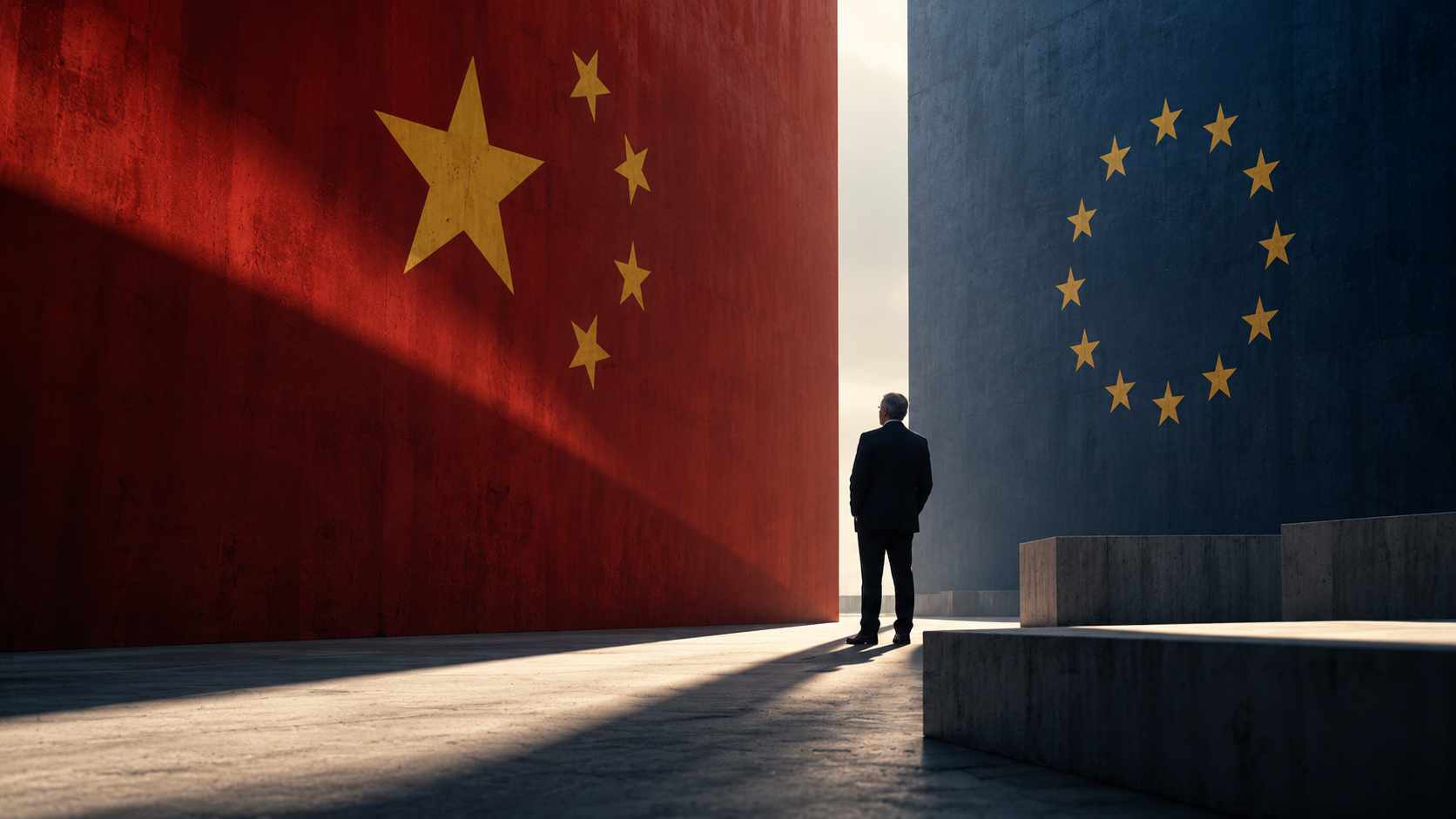 Uomo tra una parete rossa con stelle cinesi e una blu con stelle dell’UE, simbolo visivo della rivalità sistemica.