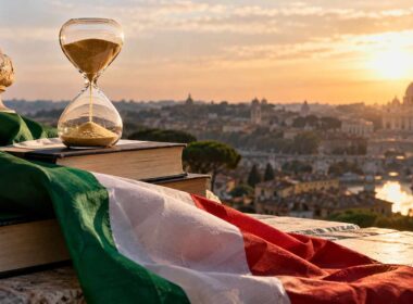 Clessidra su libri e tricolore italiano con Roma al tramonto sullo sfondo