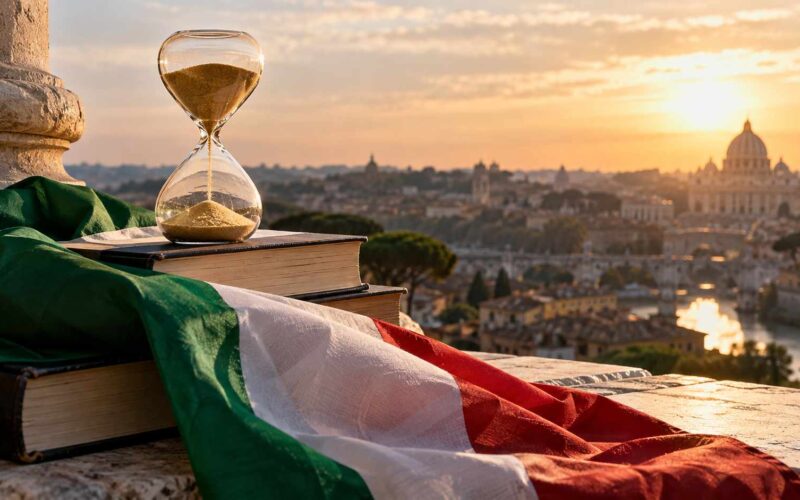 Clessidra su libri e tricolore italiano con Roma al tramonto sullo sfondo