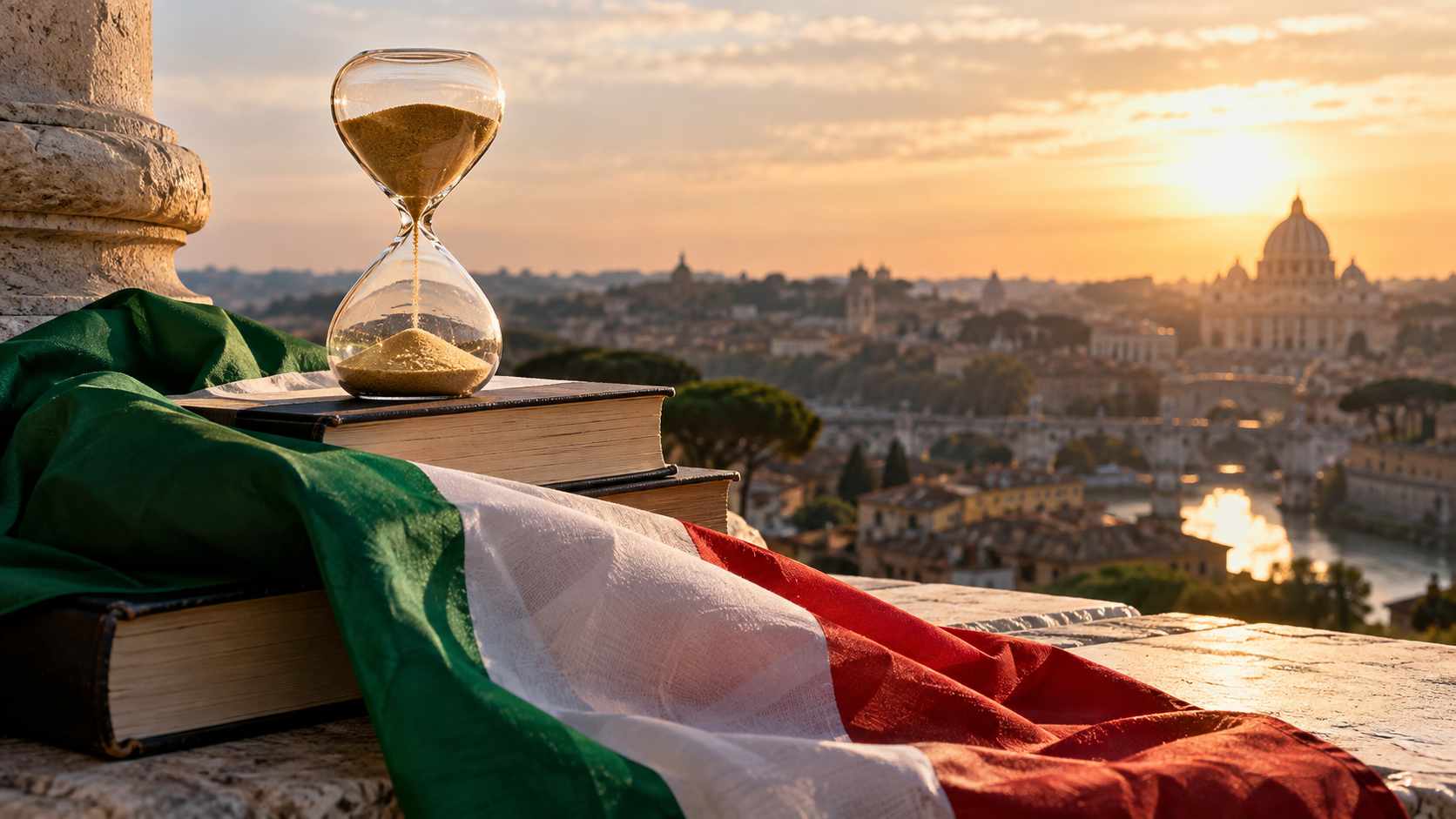 Clessidra su libri e tricolore italiano con Roma al tramonto sullo sfondo