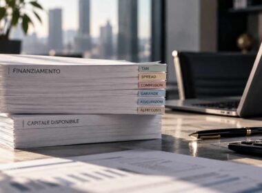 Documenti di finanziamento aziendale con schede TAN, spread, commissioni, garanzie e altri costi su una scrivania