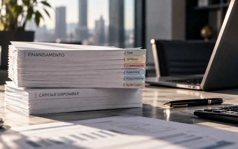 Documenti di finanziamento aziendale con schede TAN, spread, commissioni, garanzie e altri costi su una scrivania