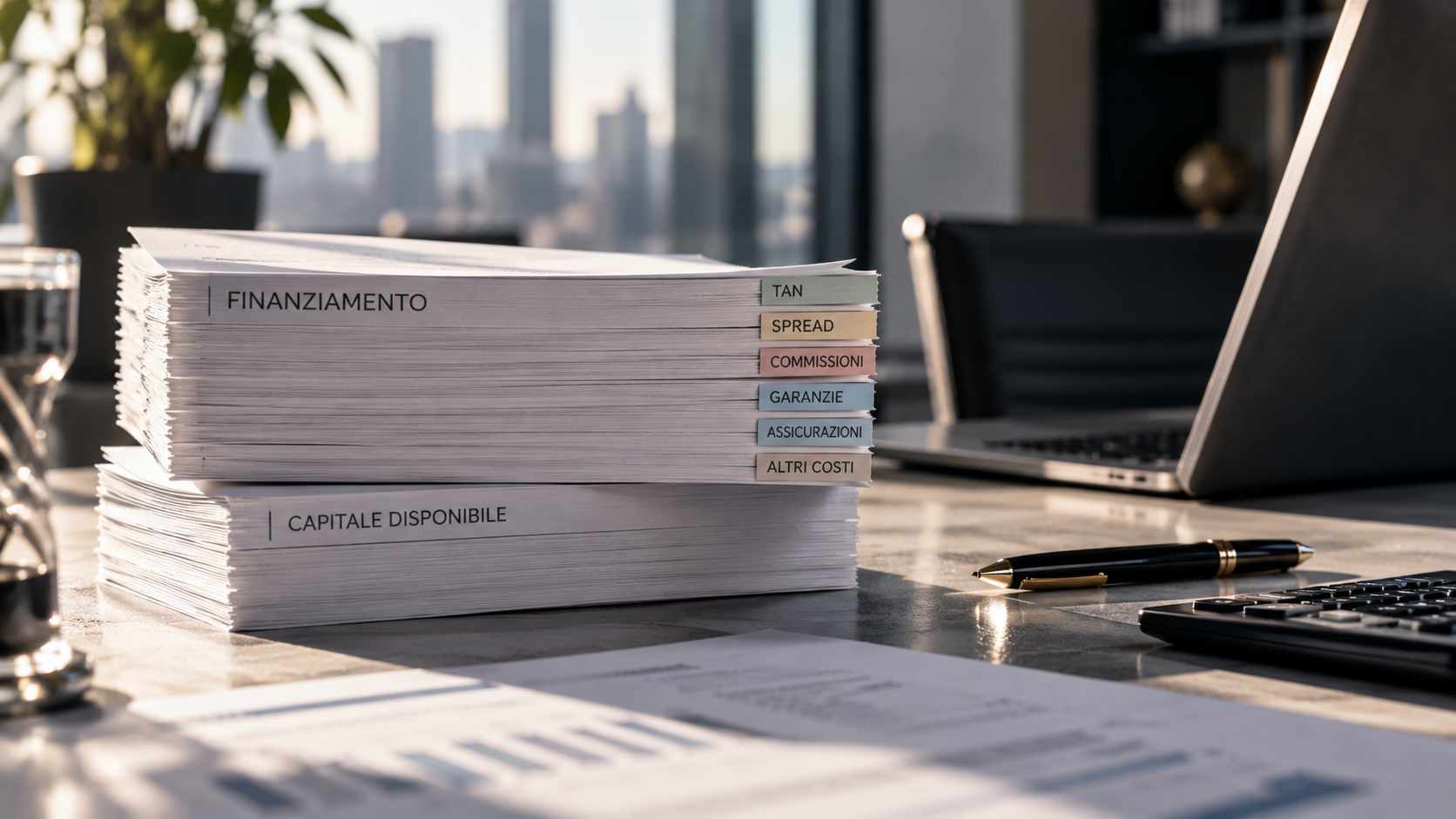 Documenti di finanziamento aziendale con schede TAN, spread, commissioni, garanzie e altri costi su una scrivania