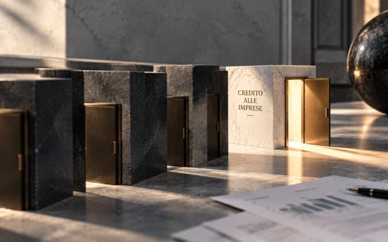 Serie di porte in pietra, quasi tutte chiuse, con un unico accesso illuminato dedicato al credito alle imprese