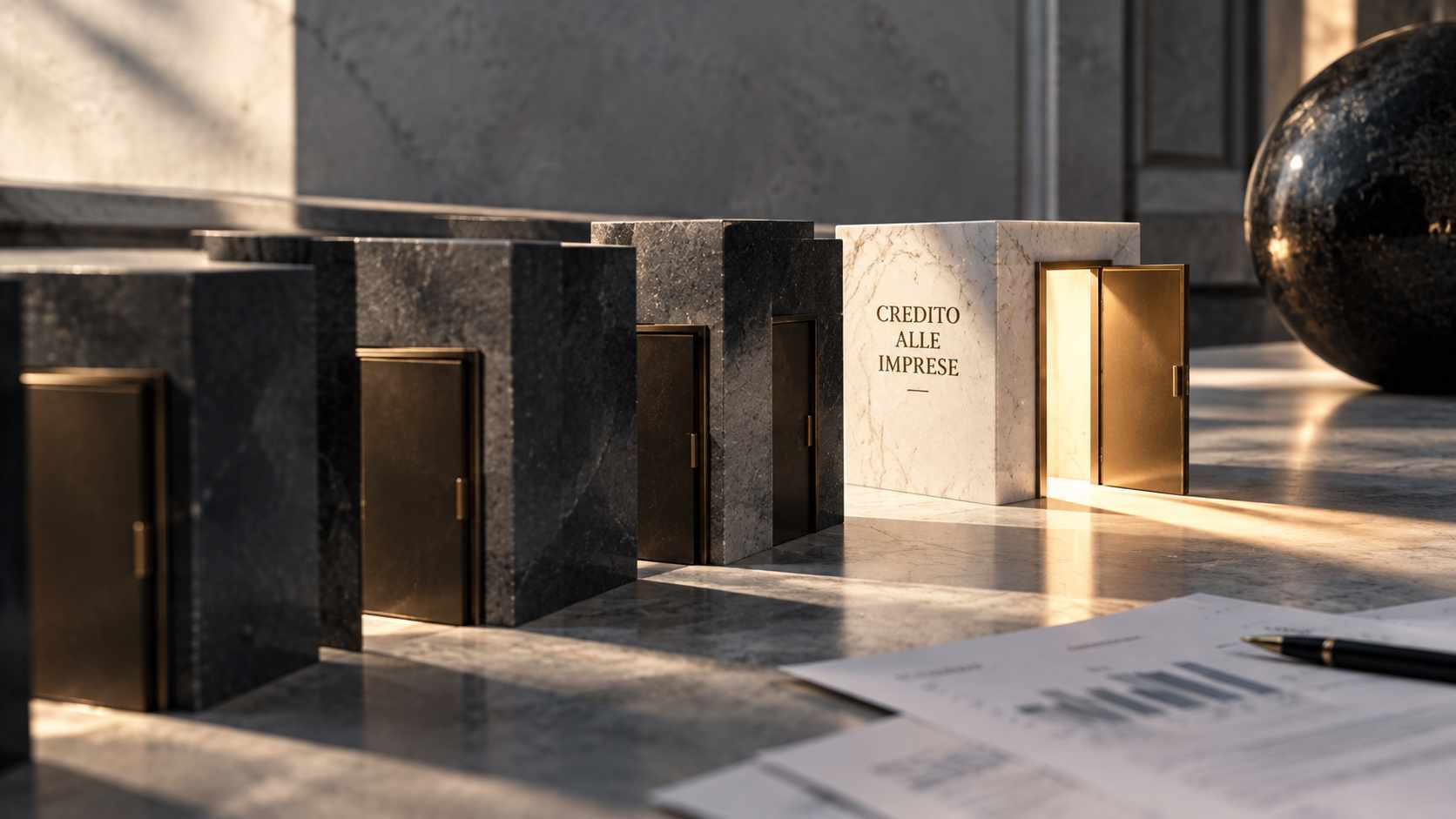 Serie di porte in pietra, quasi tutte chiuse, con un unico accesso illuminato dedicato al credito alle imprese