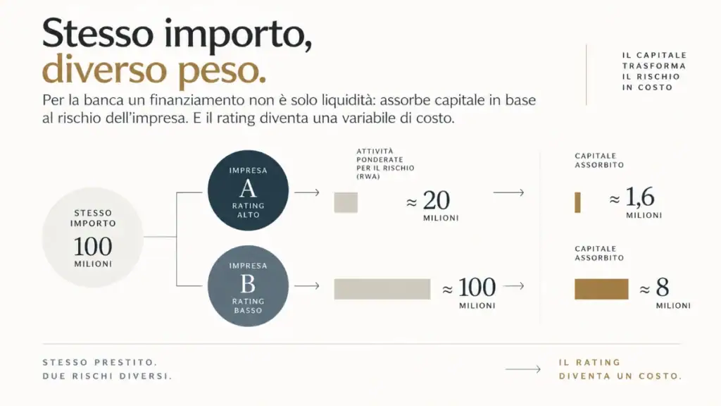 Infografica sul capitale bancario: stesso prestito, diverso assorbimento in base al rating dell’impresa