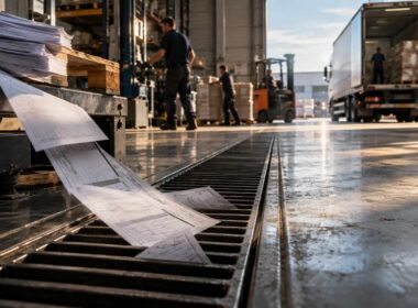 Fabbisogno di capitale circolante: documenti commerciali scivolano in una griglia mentre merci e pallet vengono caricati su un camion in un magazzino.