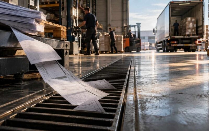 Fatturato in crescita, cassa in calo: dove si ferma il denaro di una PMI che vende di più. Fabbisogno di capitale circolante: documenti commerciali scivolano in una griglia mentre merci e pallet vengono caricati su un camion in un magazzino.