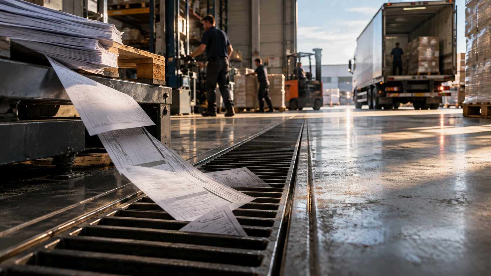 Fatturato in crescita, cassa in calo: dove si ferma il denaro di una PMI che vende di più. Fabbisogno di capitale circolante: documenti commerciali scivolano in una griglia mentre merci e pallet vengono caricati su un camion in un magazzino.