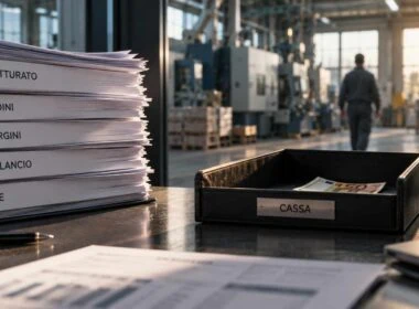 DSCR aziendale: documenti aziendali su fatturato, ordini, margini e utile accanto a una cassa quasi vuota in uno stabilimento
