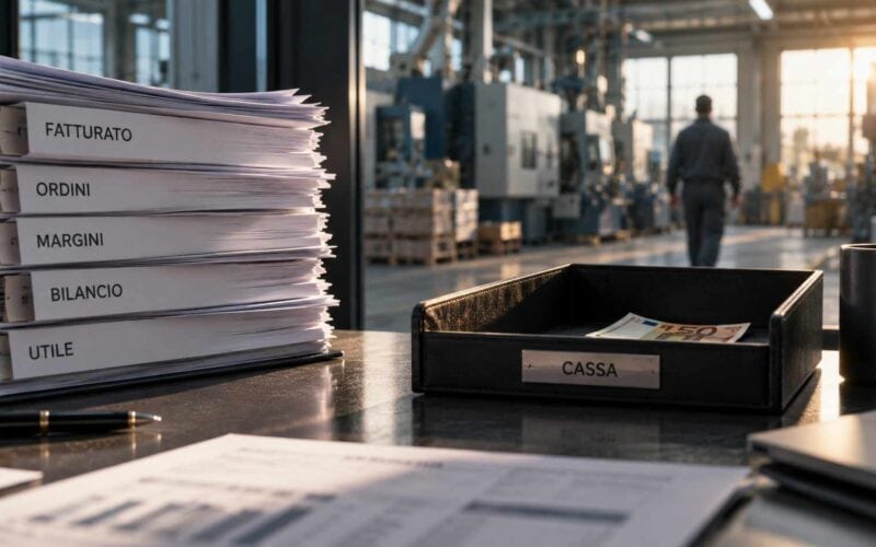 DSCR: il numero che dice se l'impresa riuscirà a pagare i propri debiti. DSCR aziendale: documenti aziendali su fatturato, ordini, margini e utile accanto a una cassa quasi vuota in uno stabilimento