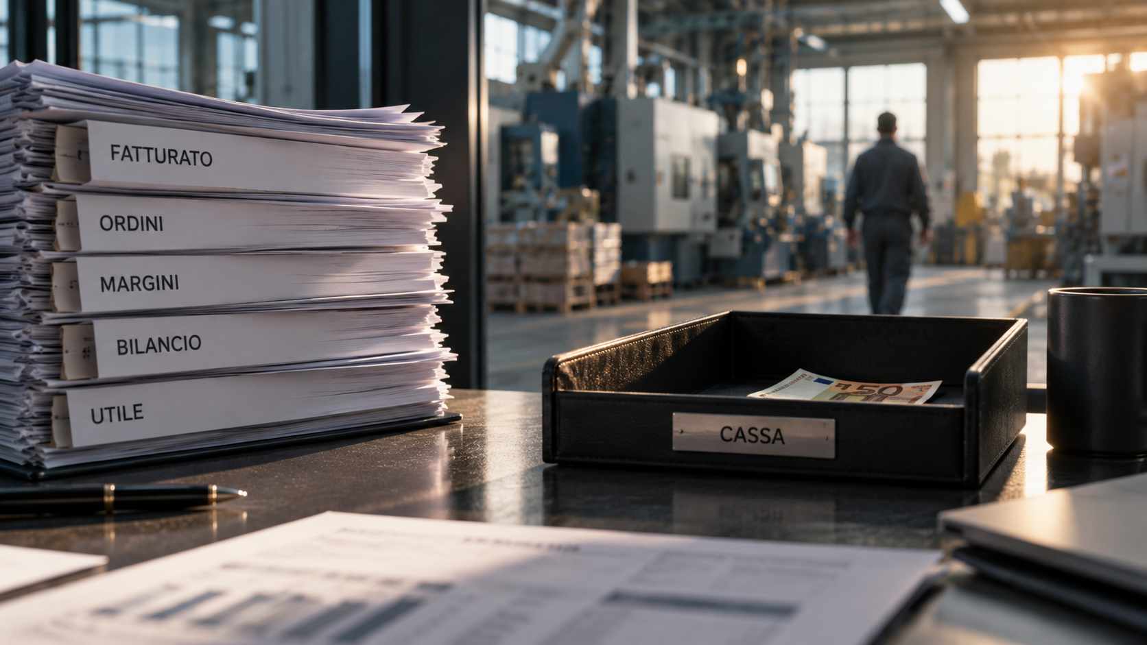 DSCR: il numero che dice se l'impresa riuscirà a pagare i propri debiti. DSCR aziendale: documenti aziendali su fatturato, ordini, margini e utile accanto a una cassa quasi vuota in uno stabilimento