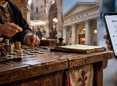 Perché diciamo “banca”? La storia di un tavolo che ha cambiato la finanza. Cambiavalute medievale al banco con monete e bilancia, affiancato da una banca moderna e da uno smartphone.