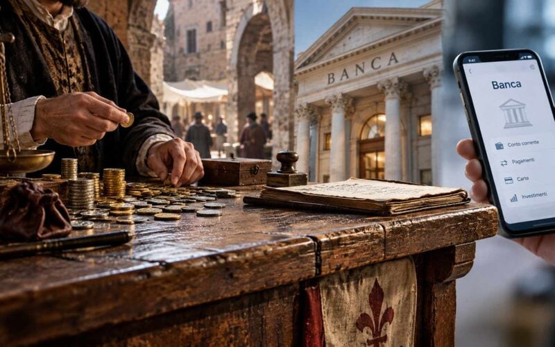Cambiavalute medievale al banco con monete e bilancia, affiancato da una banca moderna e da uno smartphone.