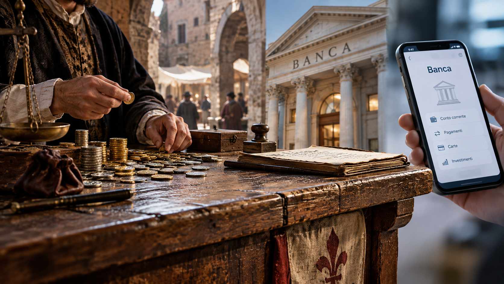 Cambiavalute medievale al banco con monete e bilancia, affiancato da una banca moderna e da uno smartphone.