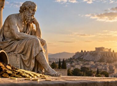 Socrate, Platone e Aristotele: quando i filosofi greci misero il denaro sotto processo. Statua di filosofo greco accanto a monete d’oro rovesciate, con l’Acropoli di Atene sullo sfondo