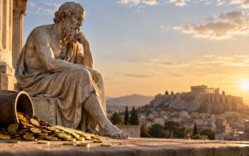 Statua di filosofo greco accanto a monete d’oro rovesciate, con l’Acropoli di Atene sullo sfondo