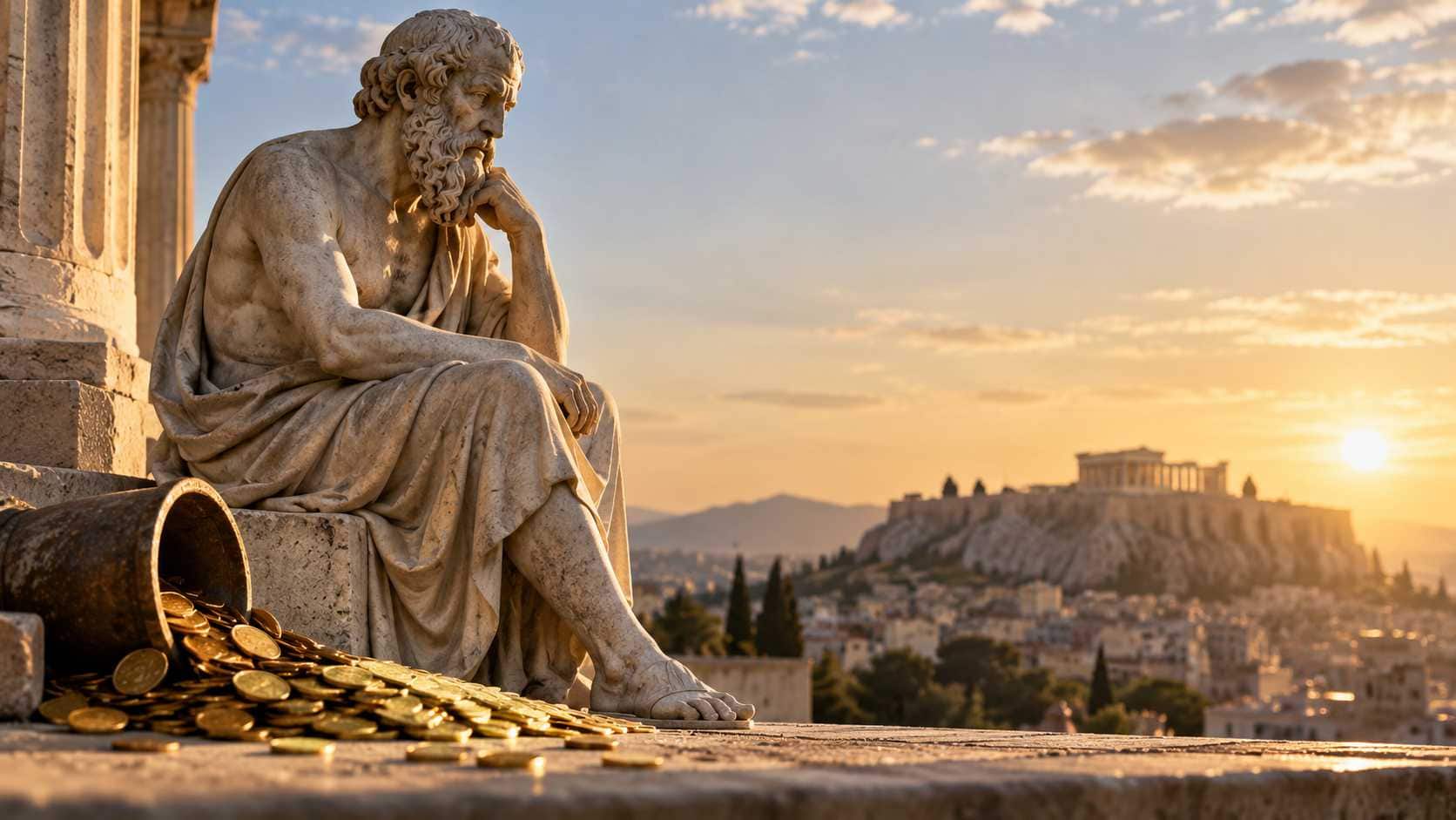 Statua di filosofo greco accanto a monete d’oro rovesciate, con l’Acropoli di Atene sullo sfondo
