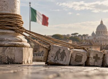 Lo Stato che paga il passato: il vero vincolo del welfare italiano. Colonna in pietra avvolta da corde con blocchi simbolici su pensioni, sanità e famiglie sullo sfondo di Roma