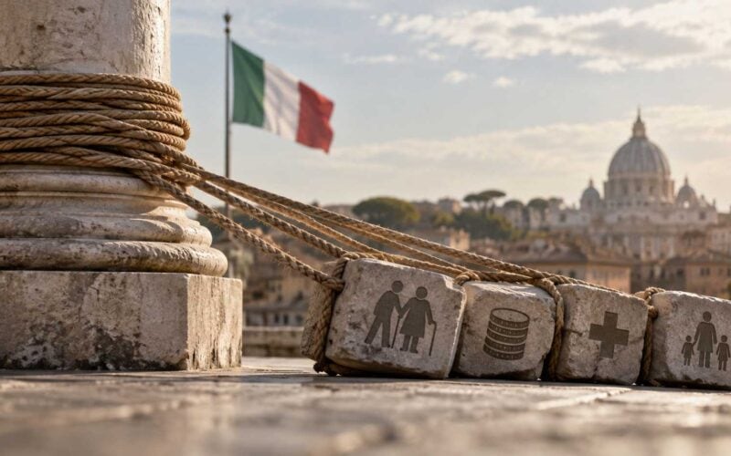 Lo Stato che paga il passato: il vero vincolo del welfare italiano. Colonna in pietra avvolta da corde con blocchi simbolici su pensioni, sanità e famiglie sullo sfondo di Roma