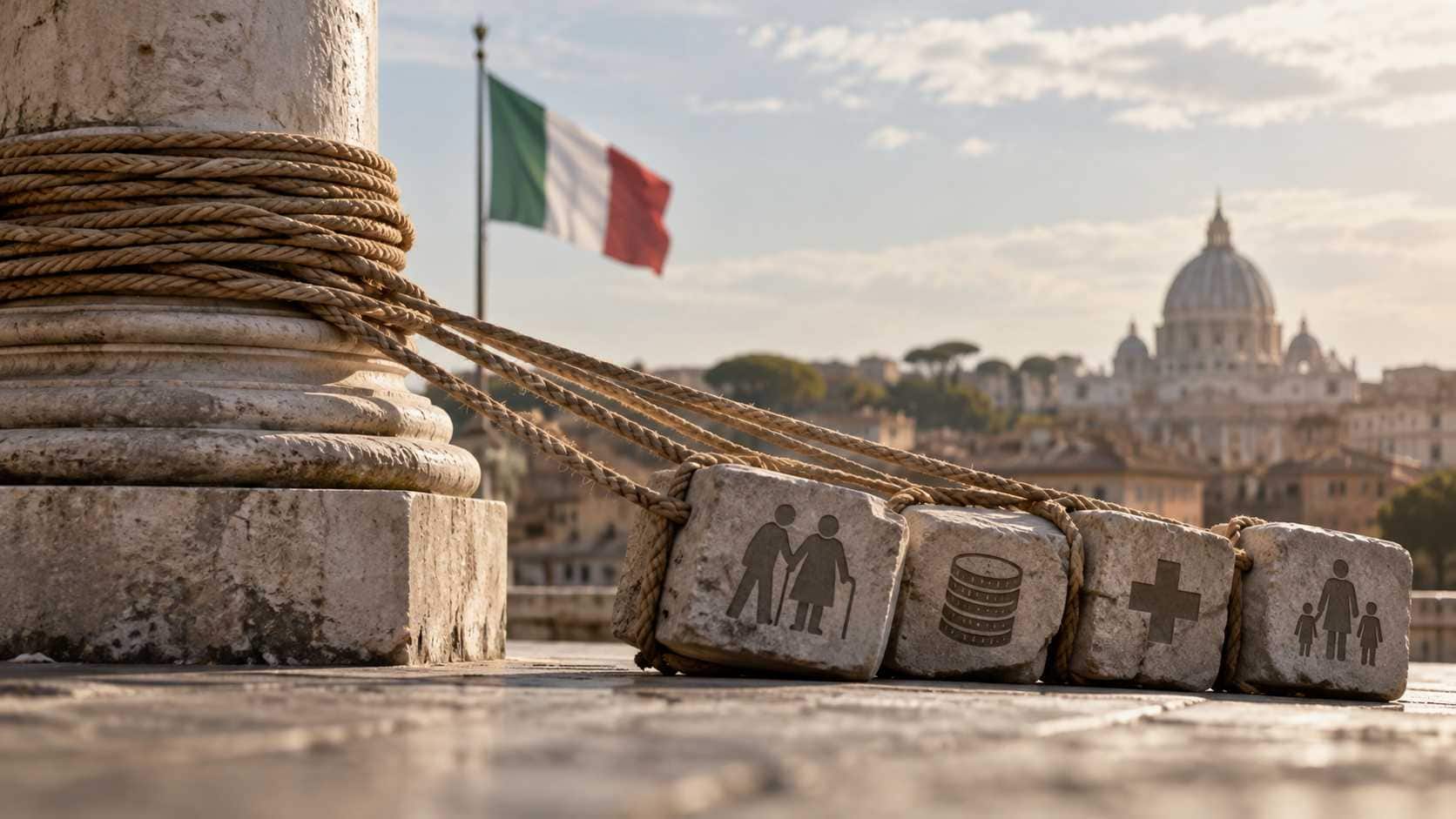 Lo Stato che paga il passato: il vero vincolo del welfare italiano. Colonna in pietra avvolta da corde con blocchi simbolici su pensioni, sanità e famiglie sullo sfondo di Roma