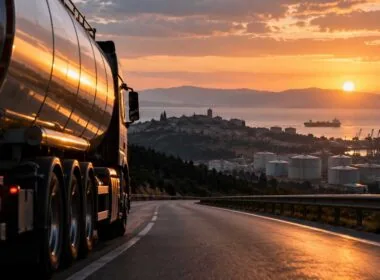 Autocisterna di carburante su una strada verso un porto industriale al tramonto