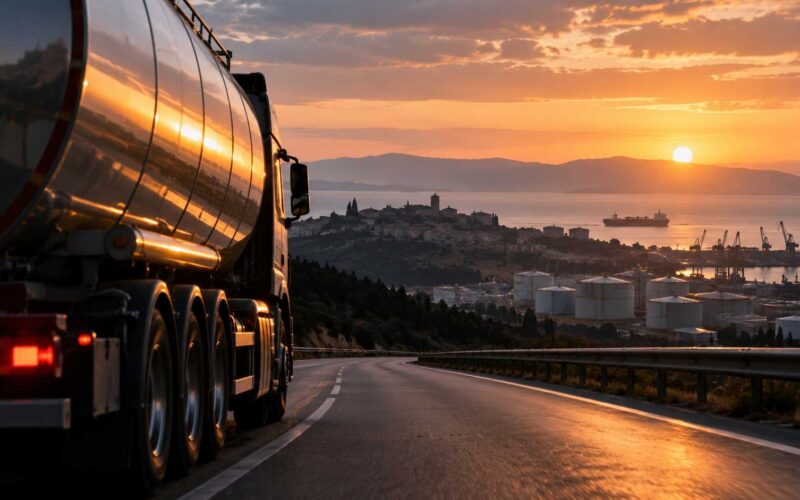Autocisterna di carburante su una strada verso un porto industriale al tramonto
