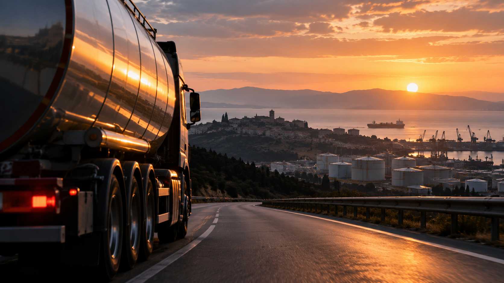 Autocisterna di carburante su una strada verso un porto industriale al tramonto