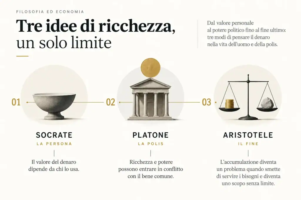 Infografica su Socrate, Platone e Aristotele: tre concezioni della ricchezza tra persona, polis e fine del denaro