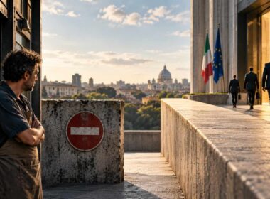 Un'impresa in utile può non essere finanziabile: dove si apre la distanza. Prestiti alle piccole imprese: piccolo imprenditore davanti a un accesso chiuso mentre dirigenti entrano in banca da un percorso separato
