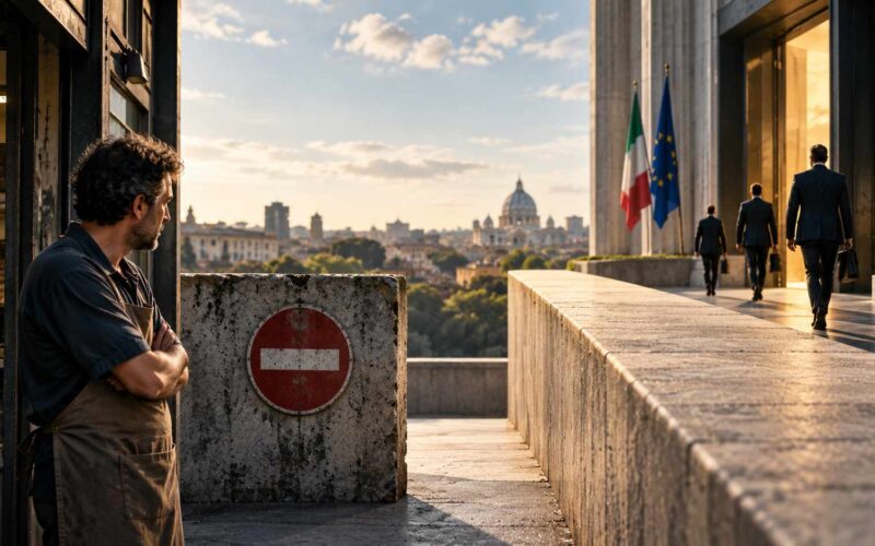Un'impresa in utile può non essere finanziabile: dove si apre la distanza. Prestiti alle piccole imprese: piccolo imprenditore davanti a un accesso chiuso mentre dirigenti entrano in banca da un percorso separato