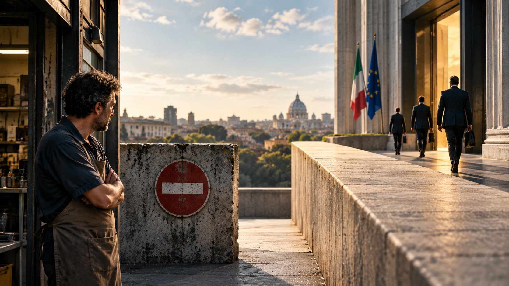Prestiti alle piccole imprese: piccolo imprenditore davanti a un accesso chiuso mentre dirigenti entrano in banca da un percorso separato