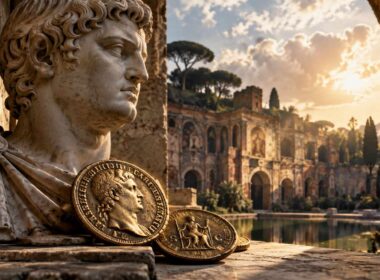 Nerone, l’imperatore artista: potere, moneta e megalomania nella Roma del I secolo. Busto romano, monete imperiali e rovine monumentali illuminate dalla luce calda del tramonto