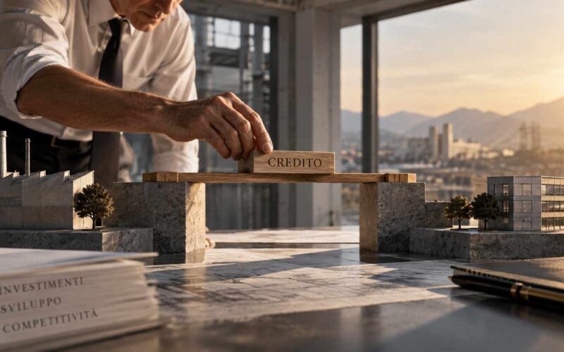 Il tasso sui nuovi prestiti alle imprese scende al 3,66%. Per una PMI il numero rilevante è un altro. Imprenditore costruisce un ponte tra fabbrica e uffici, metafora visiva del credito alle imprese.