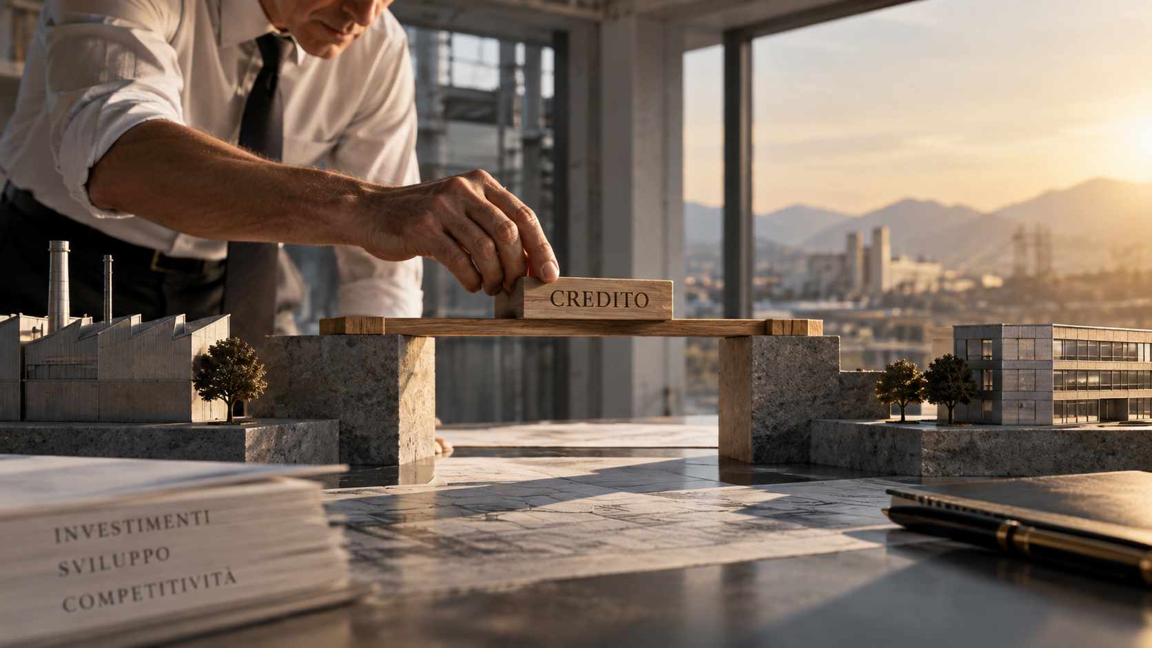Imprenditore costruisce un ponte tra fabbrica e uffici, metafora visiva del credito alle imprese.