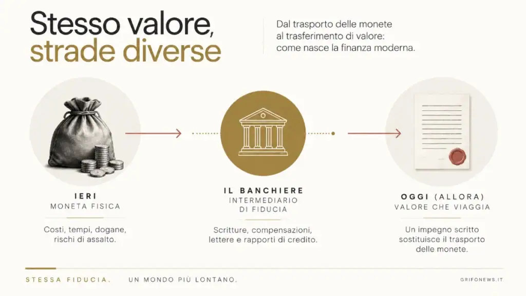Infografica sul trasferimento di valore: dalle monete fisiche alle scritture e ai rapporti di credito.