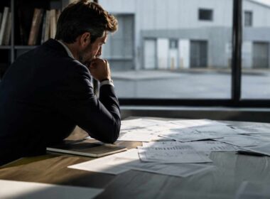 Professionista esamina documenti finanziari su un tavolo, con un edificio industriale visibile sullo sfondo