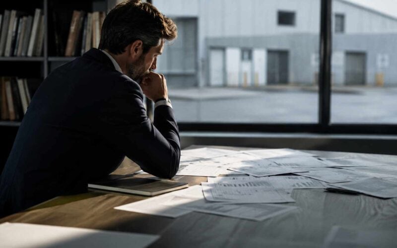 L'impresa che guadagna ma non convince più la banca. Professionista esamina documenti finanziari su un tavolo, con un edificio industriale visibile sullo sfondo