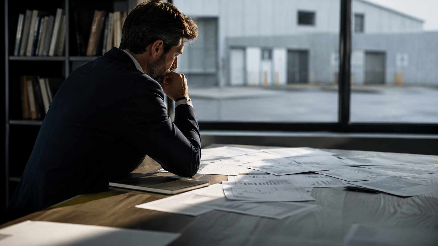 L'impresa che guadagna ma non convince più la banca. Professionista esamina documenti finanziari su un tavolo, con un edificio industriale visibile sullo sfondo